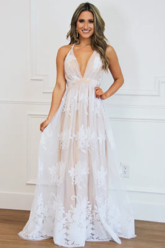 Here Comes the Bride Maxi Dress: White/Nude sold by Bella and Bloom