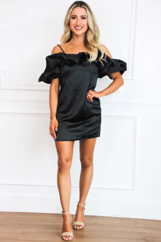 Seeing Someone Else Satin Ruffle Dress: Black sold by Bella and Bloom
