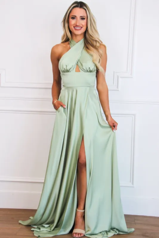 Jaycee Satin Halter Neck Slit Formal Dress: Sage sold by Bella and Bloom