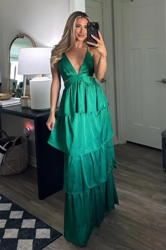 Florence Tiered Satin Maxi Dress: Green sold by Bella and Bloom