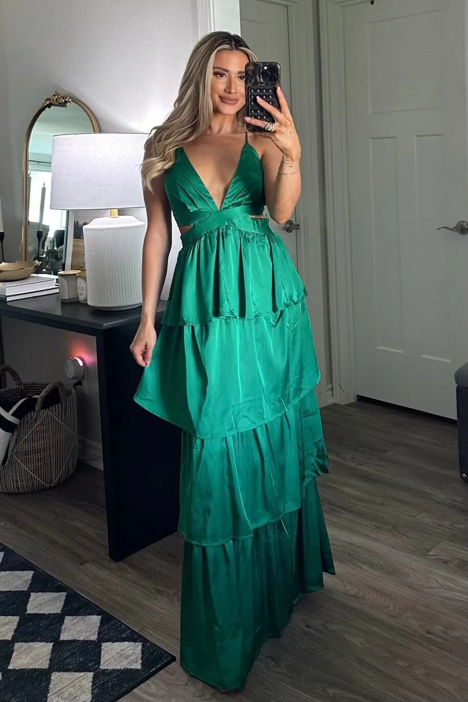Florence Tiered Satin Maxi Dress: Green sold by Bella and Bloom