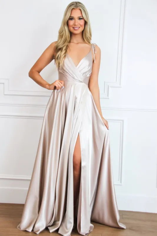 Born to Love You Satin Slit Formal Dress: Champagne sold by Bella and Bloom