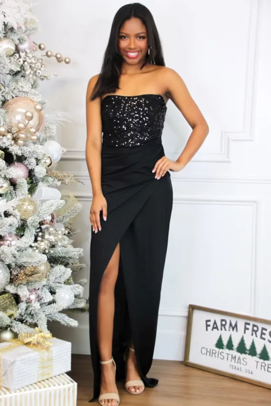 Nellie Sequin Strapless Maxi Dress: Black sold by Bella and Bloom