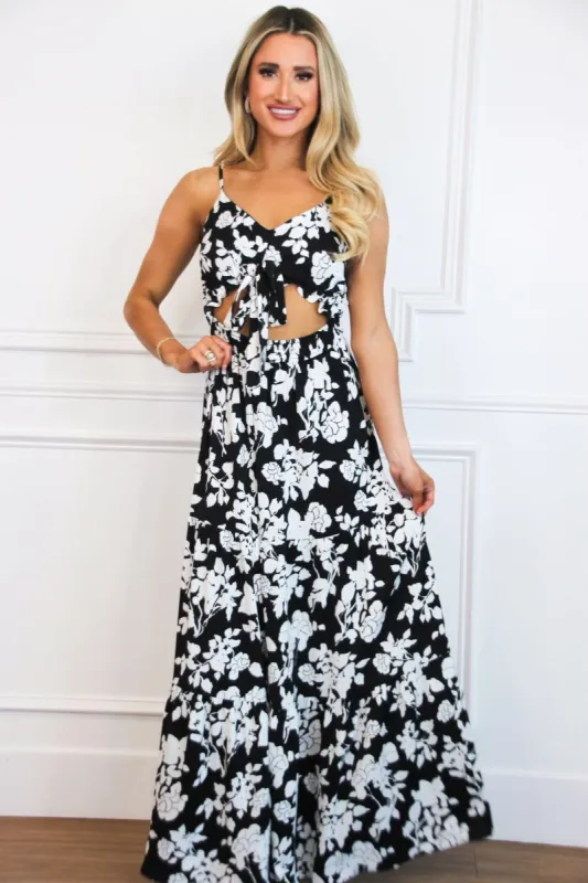Breezy Come, Breezy Go Floral Cutout Maxi Dress: Black/White sold by Bella and Bloom