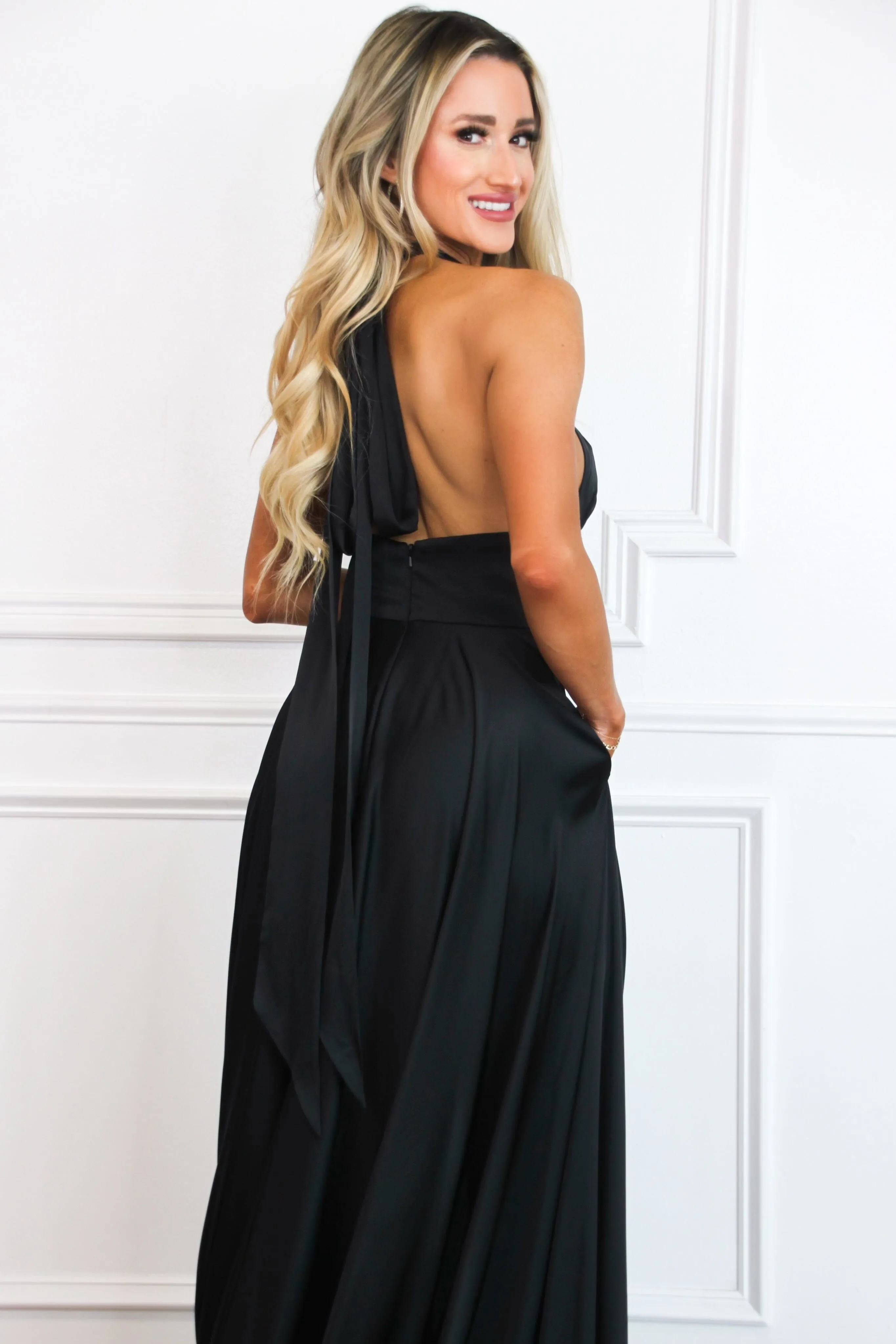 Jaycee Satin Halter Neck Slit Formal Dress: Black sold by Bella and Bloom product image thumbnail 3