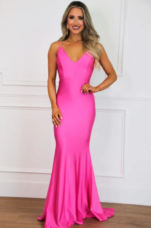 Right Into Your Love Backless Maxi Dress: Barbie Pink sold by Bella and Bloom