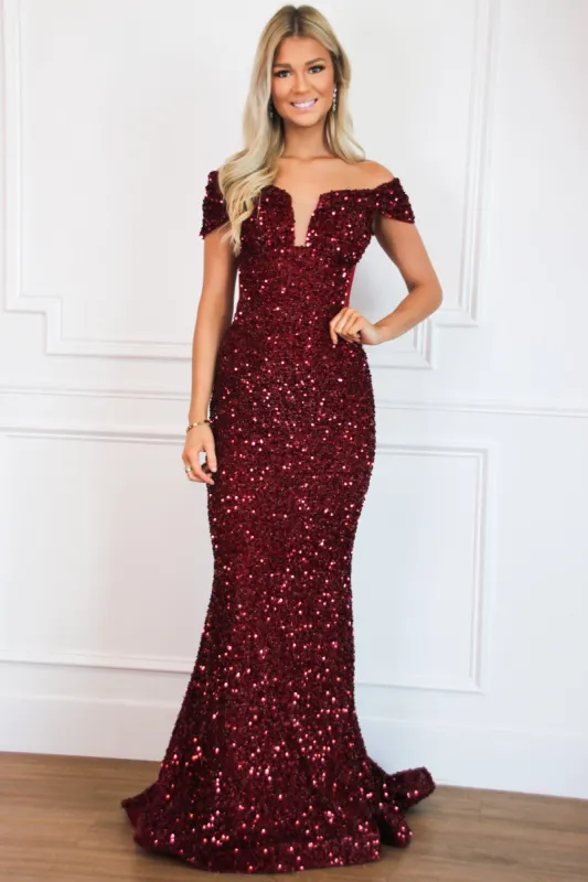 Stardust Sequin Off Shoulder Formal Dress: Burgundy sold by Bella and Bloom