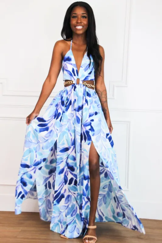 Summer Swirl Cutout Chain Maxi Dress: Royal Blue/White Multi sold by Bella and Bloom
