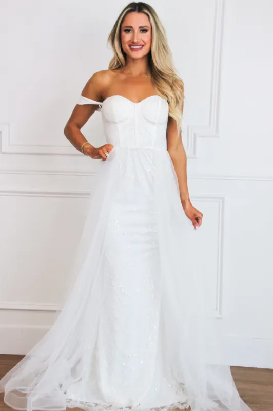 Azia Bustier Cape Sequin Off Shoulder Maxi Dress: White sold by Bella and Bloom