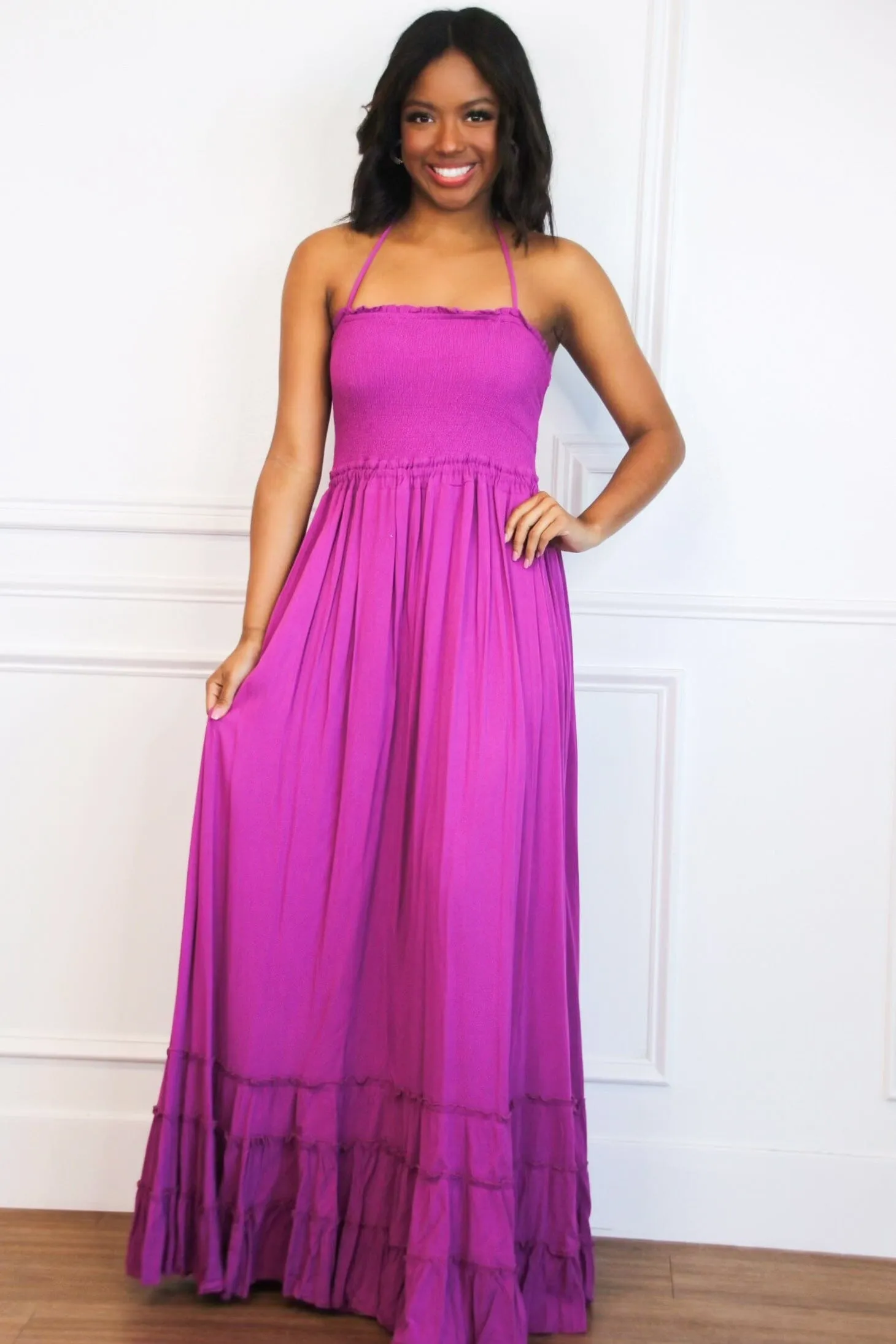 Chandler Smocked Open Back Maxi Dress: Orchid sold by Bella and Bloom