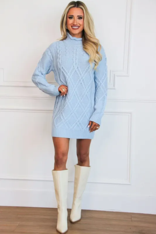 Worth My Time Cable Knit Sweater Dress: Light Blue sold by Bella and Bloom