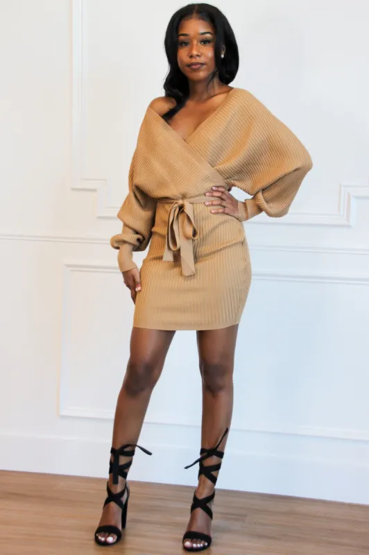 Change of Heart Sweater Dress: Camel sold by Bella and Bloom