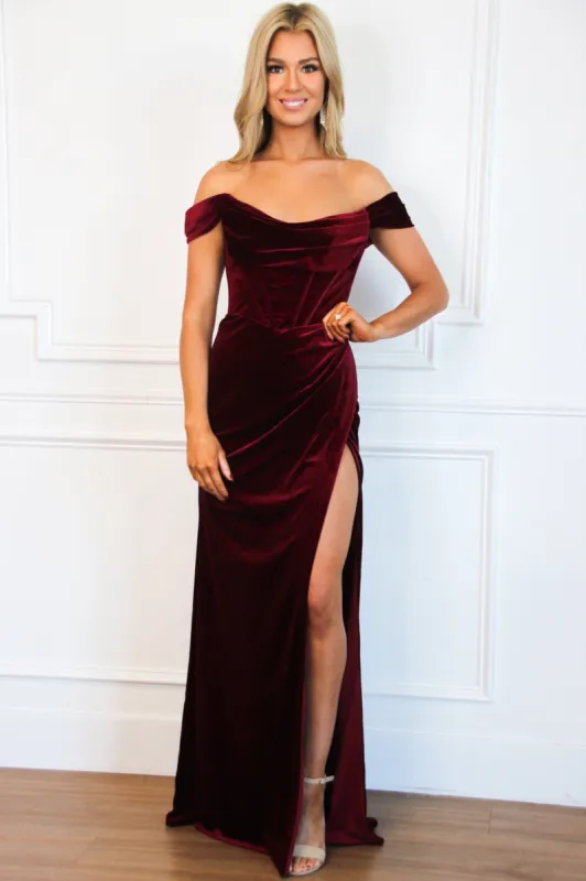 Evelynn Bustier Velvet Off Shoulder Formal Dress: Burgundy sold by Bella and Bloom