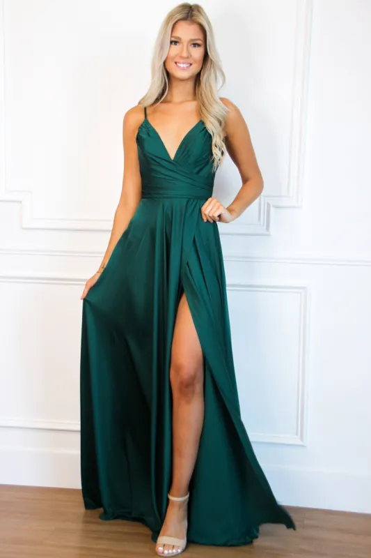 Ella Satin Slit Formal Dress: Emerald sold by Bella and Bloom