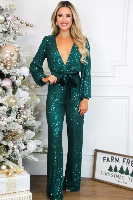 Walker Sequin Long Sleeve Jumpsuit: Emerald sold by Bella and Bloom