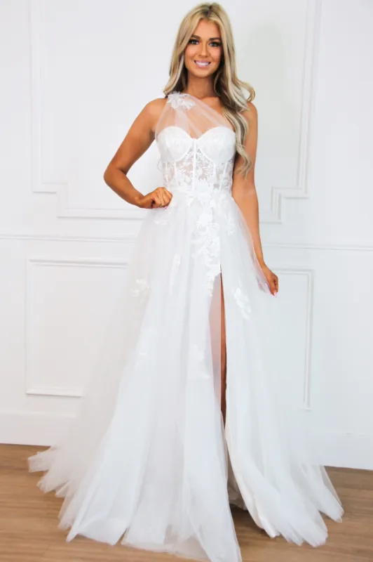 Garden Wedding  One Shoulder Floral Applique Tulle Wedding Dress: Off White sold by Bella and Bloom