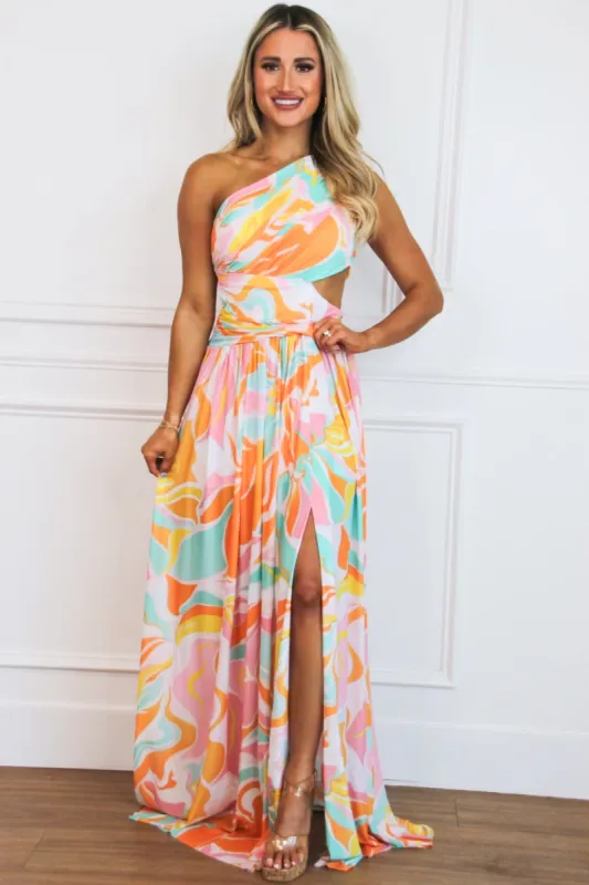 Shoreside Abstract One Shoulder Maxi Dress: Pink/Orange Multi sold by Bella and Bloom