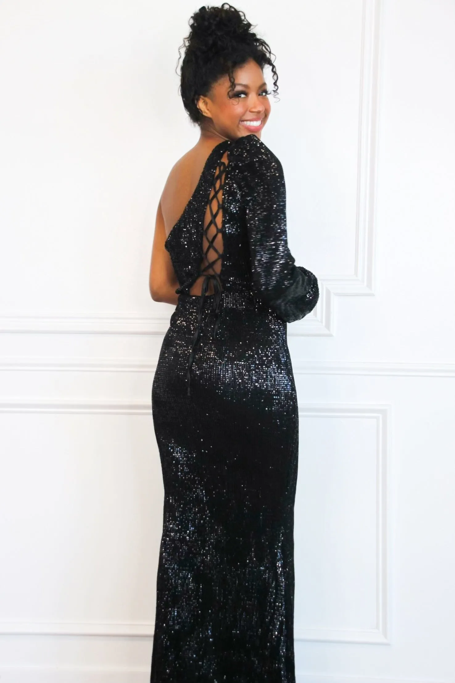 Pippa One Shoulder Sequin Maxi Dress: Black sold by Bella and Bloom product image thumbnail 2