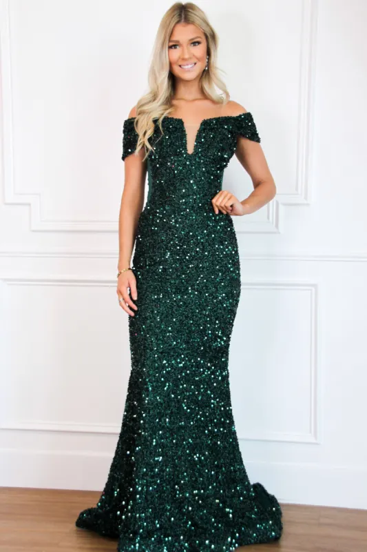 Stardust Sequin Off Shoulder Formal Dress: Emerald sold by Bella and Bloom