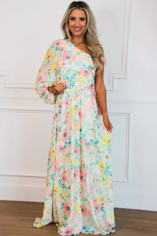 Watercolor Crush Floral One Shoulder Maxi Dress: Ivory Multi sold by Bella and Bloom