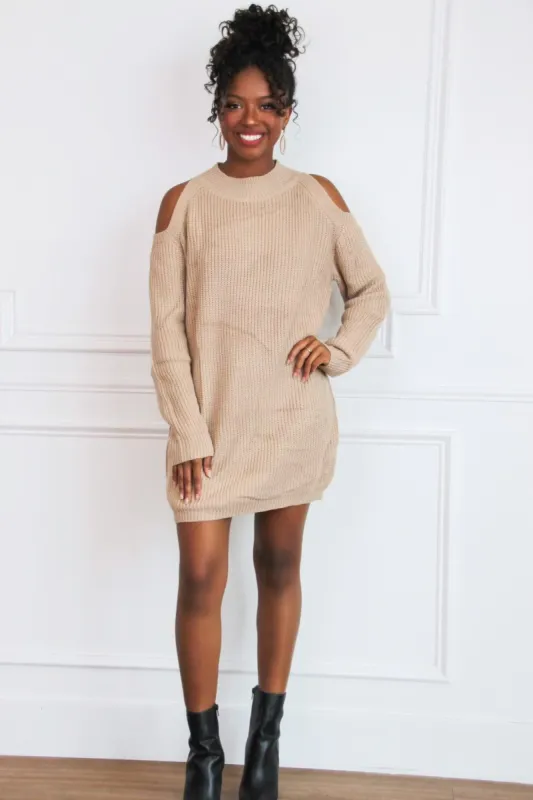 Leah Cold Shoulder Sweater Dress: Mocha sold by Bella and Bloom