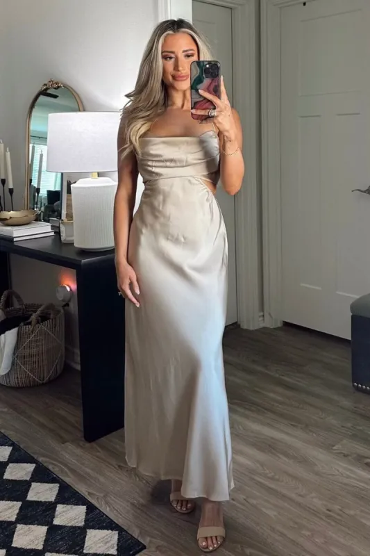 In My Moment Open Back Midi Dress: Champagne sold by Bella and Bloom