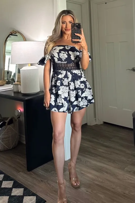 Summer Bliss Off Shoulder Floral Romper: Navy/White sold by Bella and Bloom