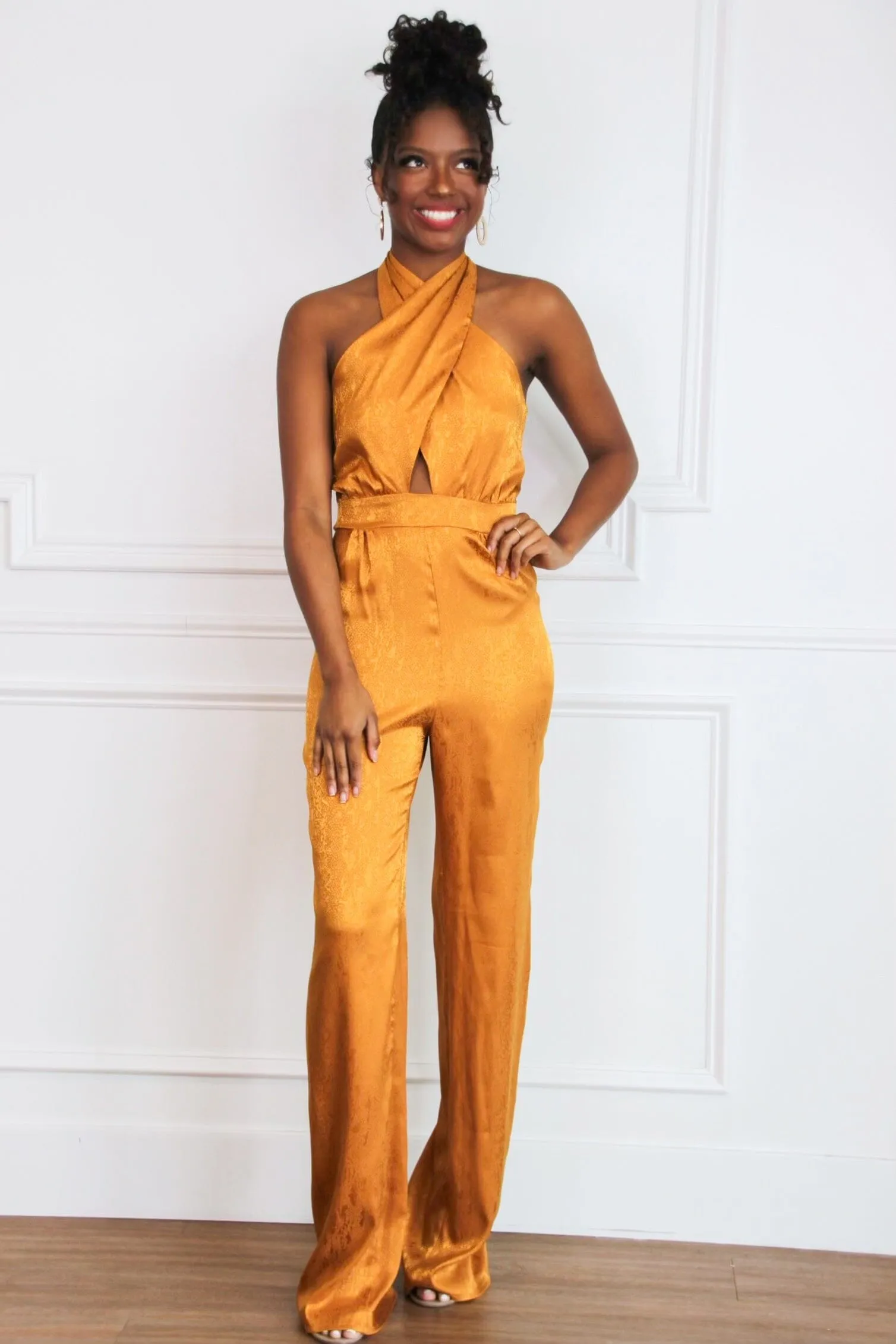 Sadie Printed Satin Halter Neck Jumpsuit: Mustard sold by Bella and Bloom product image thumbnail 2