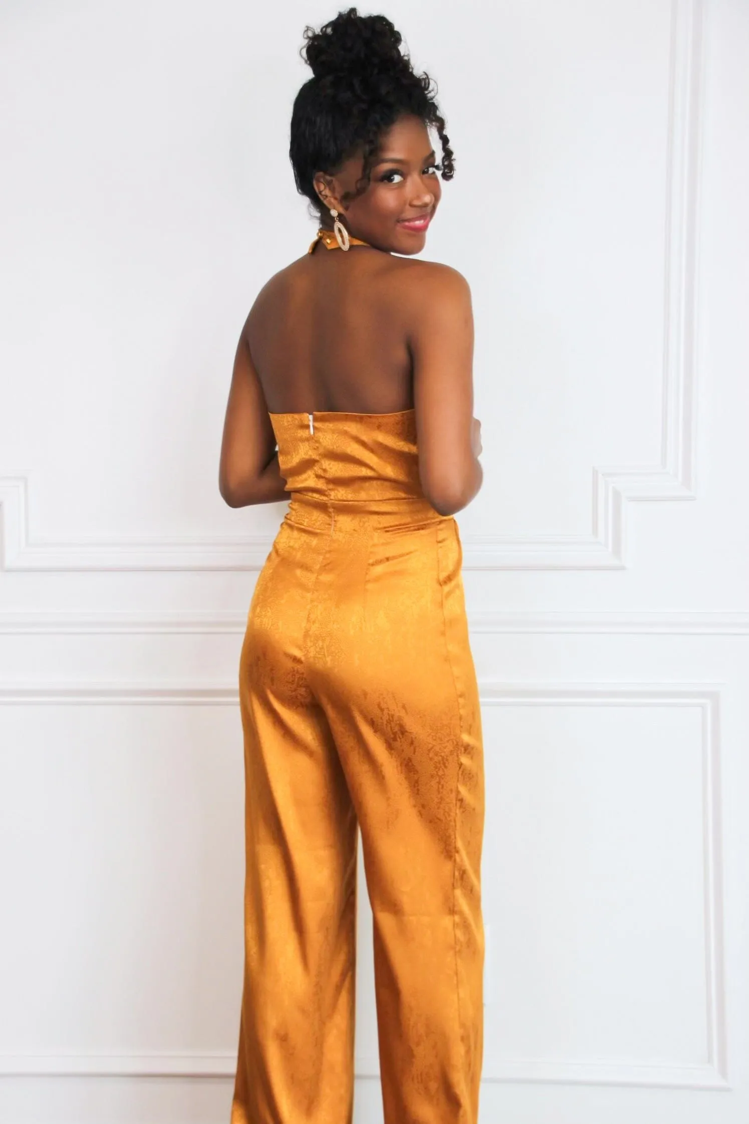 Sadie Printed Satin Halter Neck Jumpsuit: Mustard sold by Bella and Bloom product image thumbnail 3