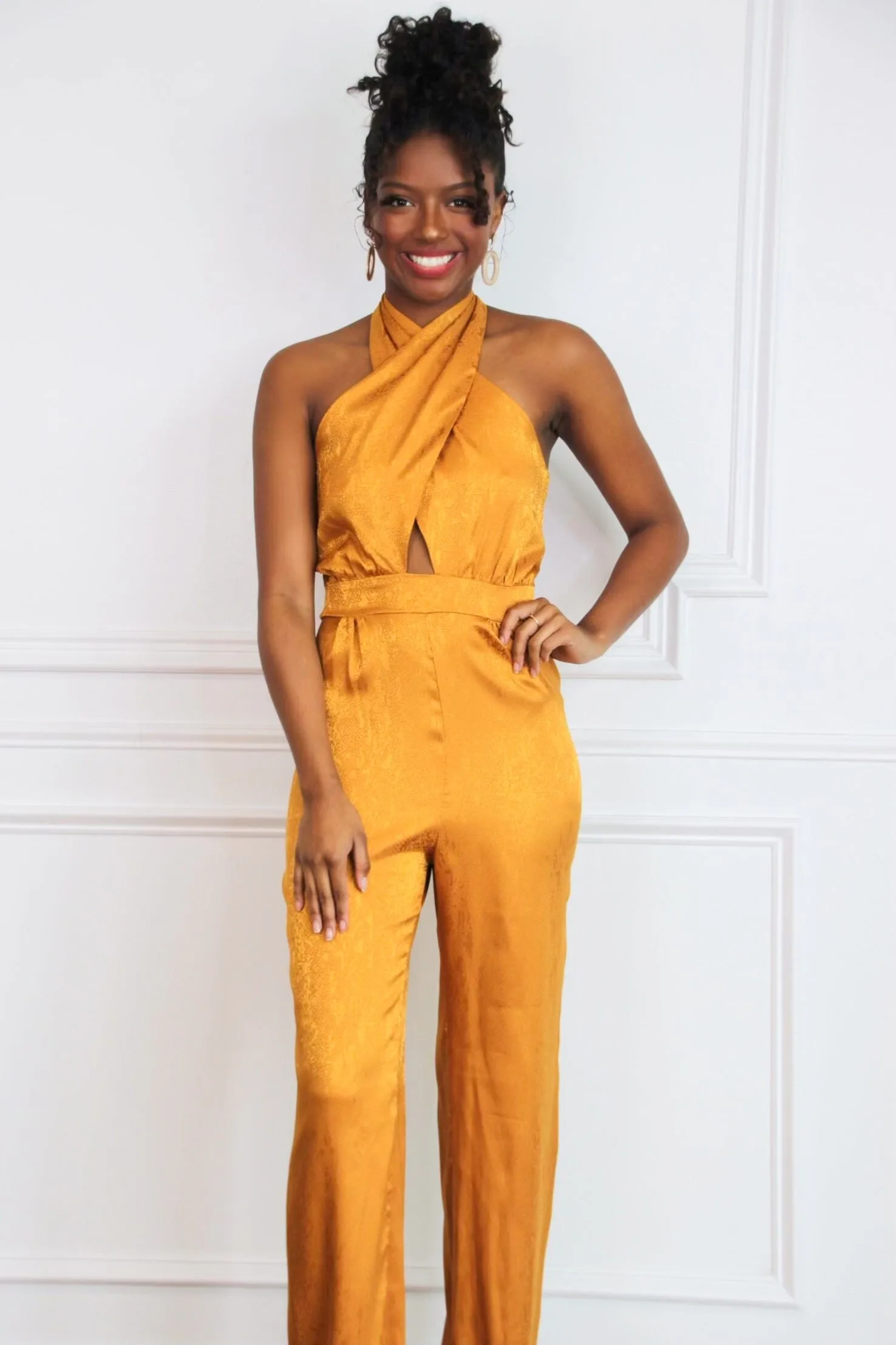 Sadie Printed Satin Halter Neck Jumpsuit: Mustard sold by Bella and Bloom product image thumbnail 4