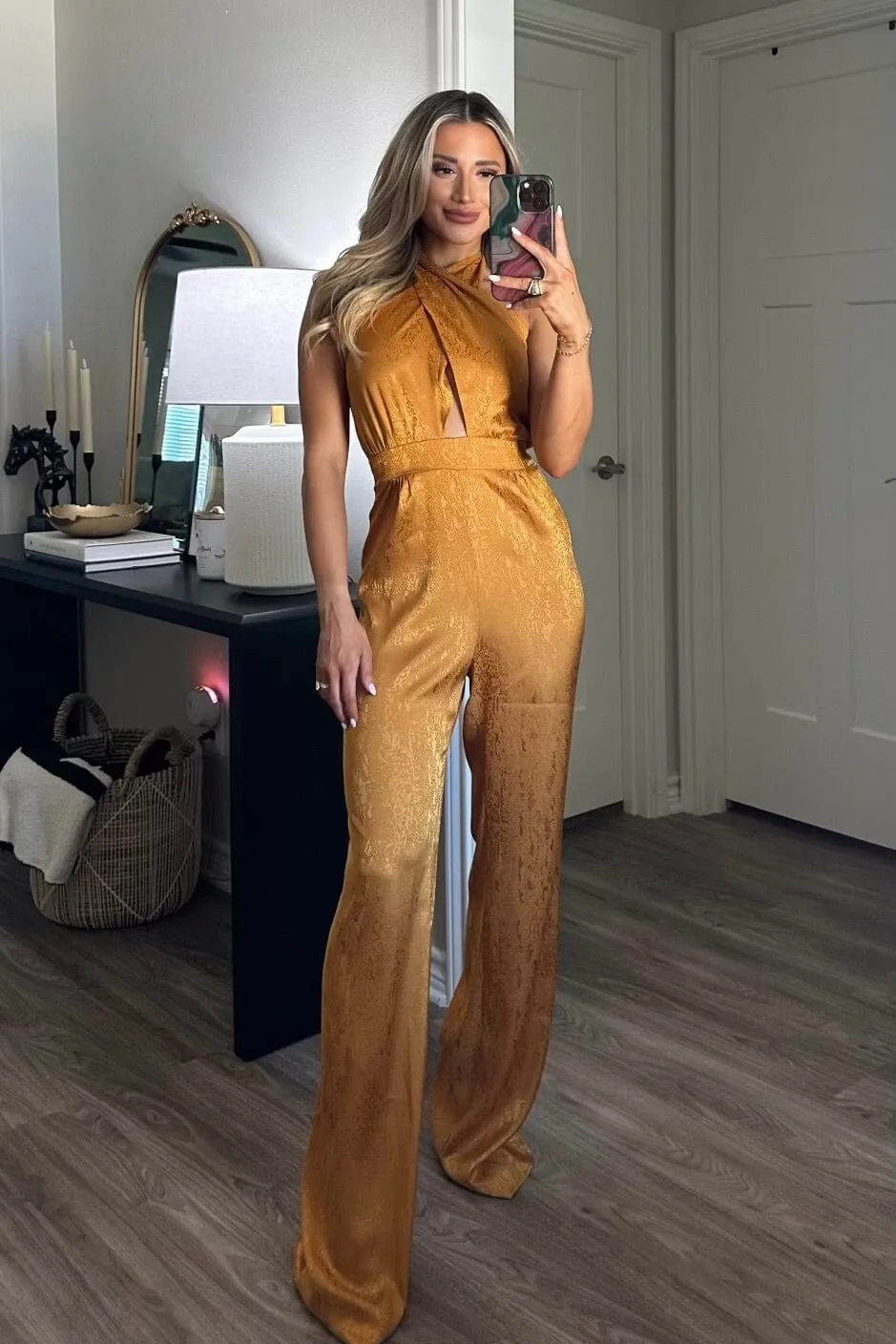 Sadie Printed Satin Halter Neck Jumpsuit: Mustard sold by Bella and Bloom