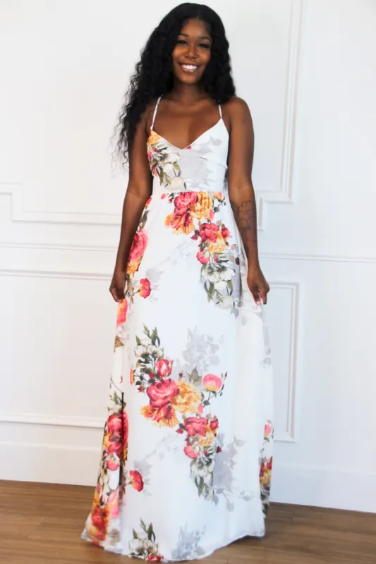 Garden Stroll Open Back Maxi Dress: White Multi sold by Bella and Bloom