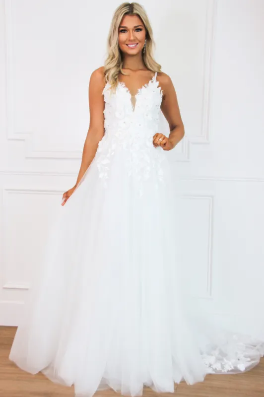 First Bloom Floral Applique Tulle Wedding Dress: White sold by Bella and Bloom
