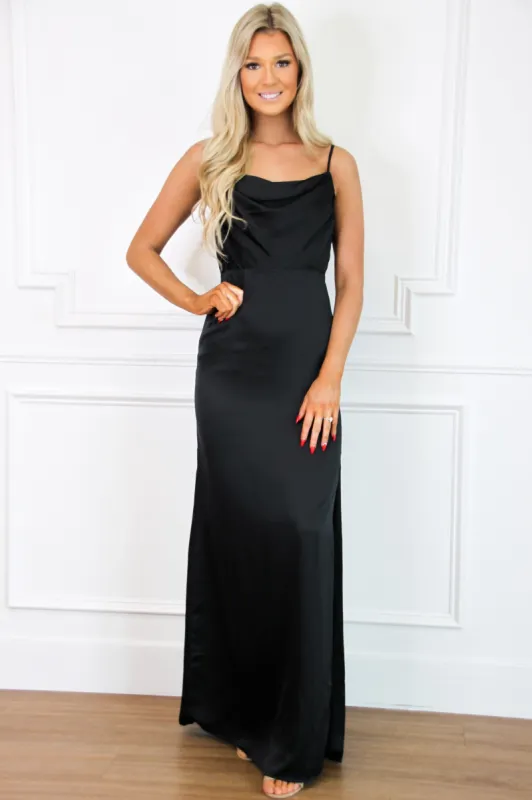 Stand by You Satin Maxi Dress: Black sold by Bella and Bloom