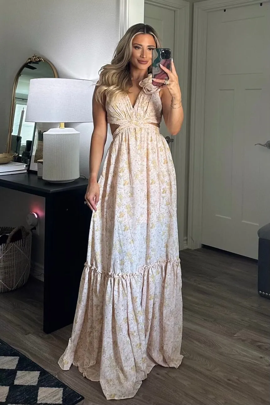 Floral Fantasy Ruffle Cutout Maxi Dress: Light Pink sold by Bella and Bloom