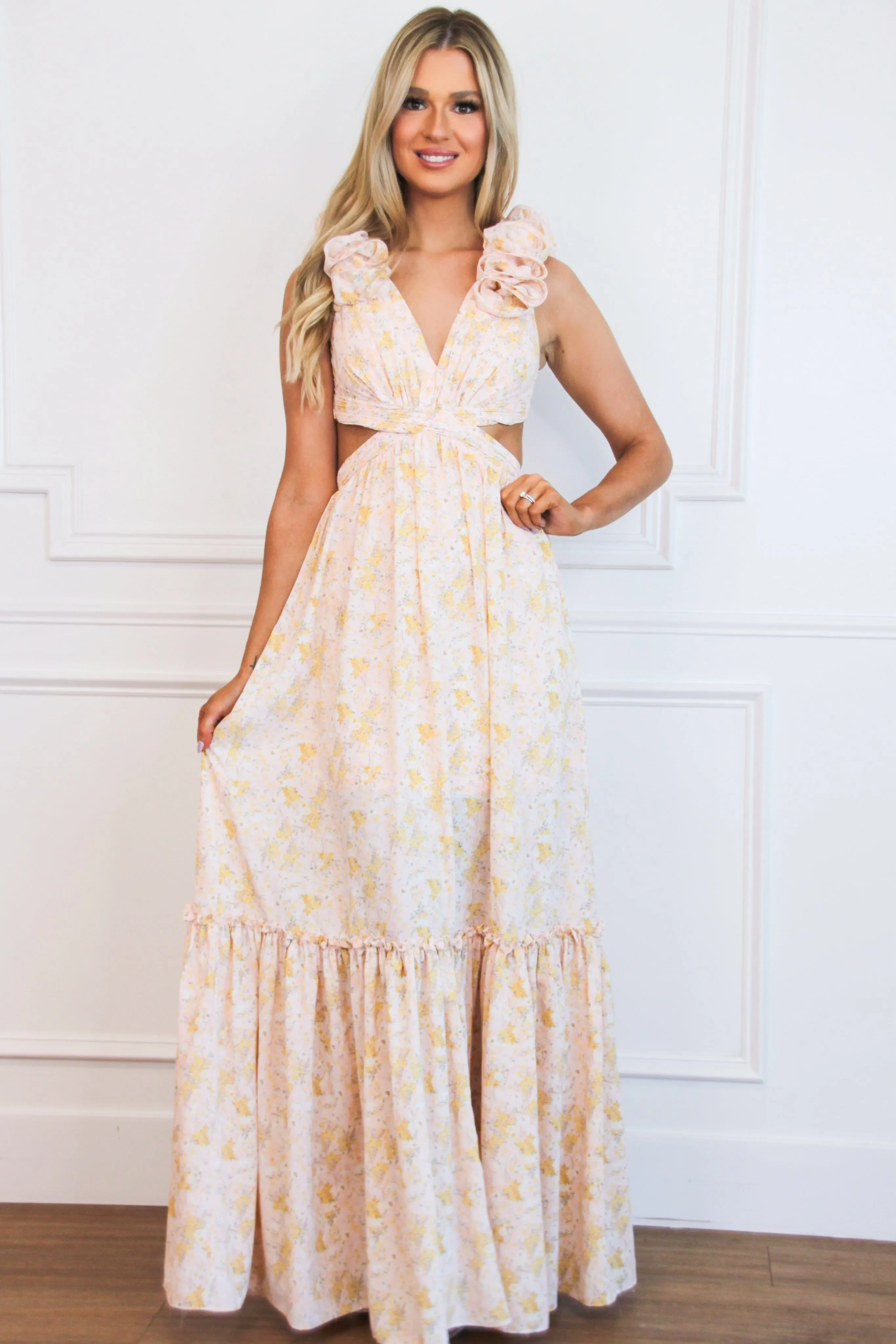 Floral Fantasy Ruffle Cutout Maxi Dress: Light Pink sold by Bella and Bloom product image thumbnail 2