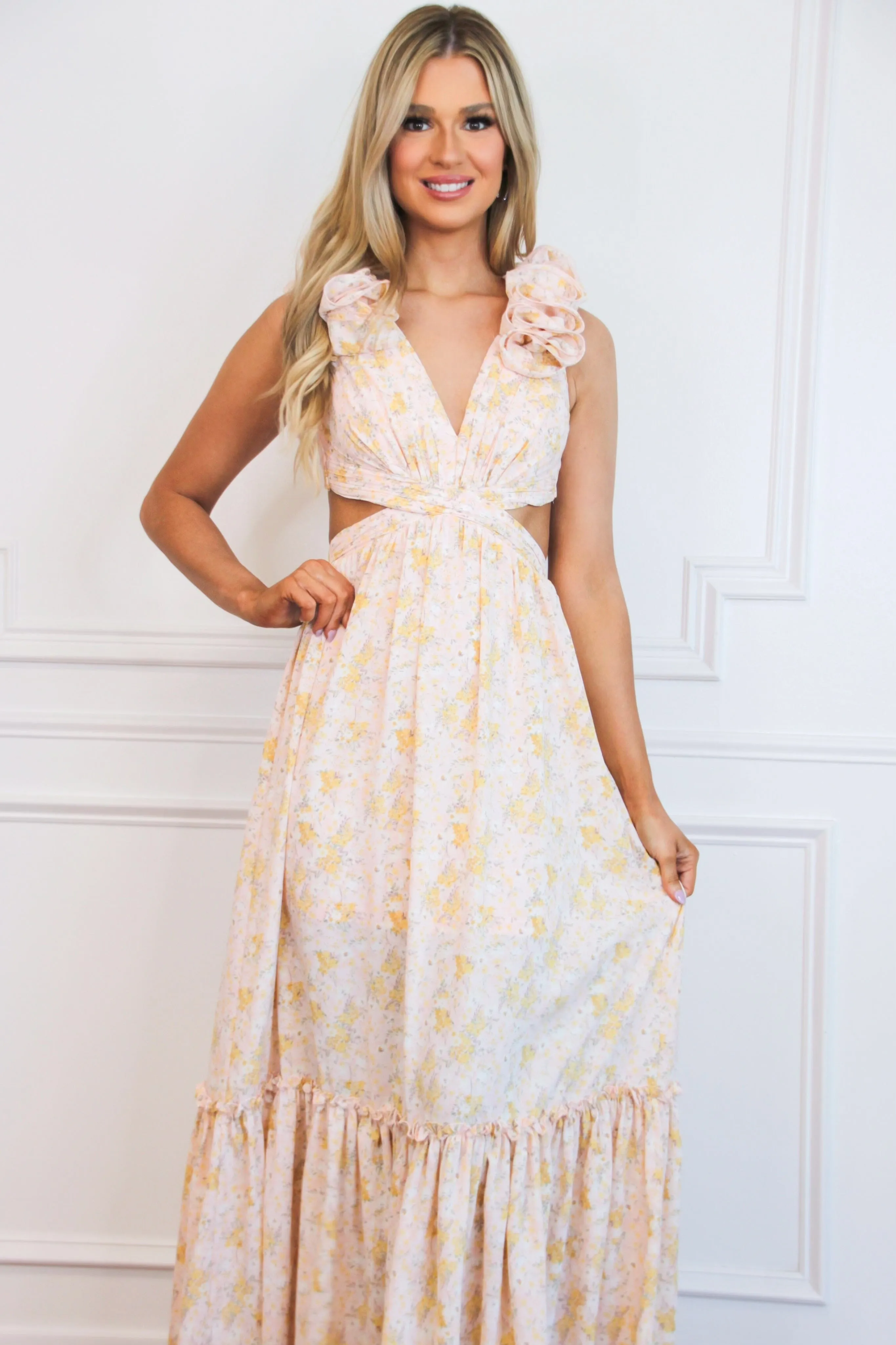 Floral Fantasy Ruffle Cutout Maxi Dress: Light Pink sold by Bella and Bloom product image thumbnail 4