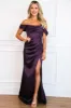 Sparks Fly Satin Off Shoulder Maxi Dress: Eggplant Purple sold by Bella and Bloom