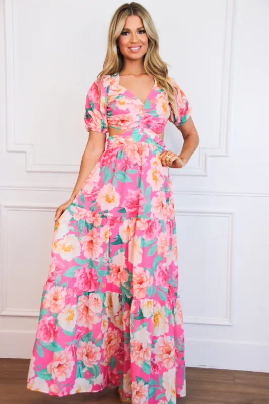 Isla Del Sol Floral Cutout Maxi Dress: Fuchsia Multi sold by Bella and Bloom