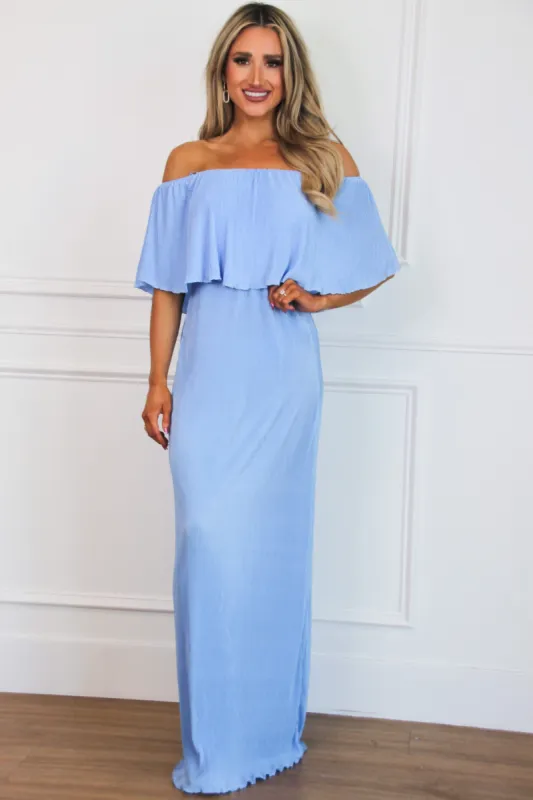 Let It Be Beautiful Pleated Maxi Dress: Periwinkle sold by Bella and Bloom