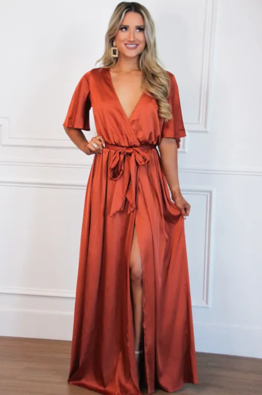 Raleigh Satin Maxi Dress: Rust sold by Bella and Bloom