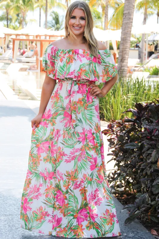 More Vacation Please Maxi Dress: White/Pink Multi sold by Bella and Bloom