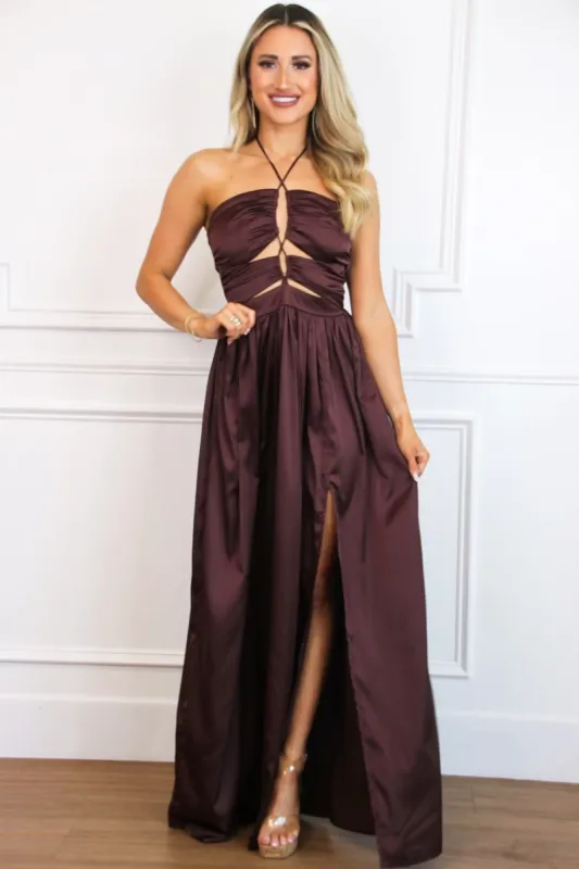 Make it Known Satin Maxi Dress: Chocolate sold by Bella and Bloom