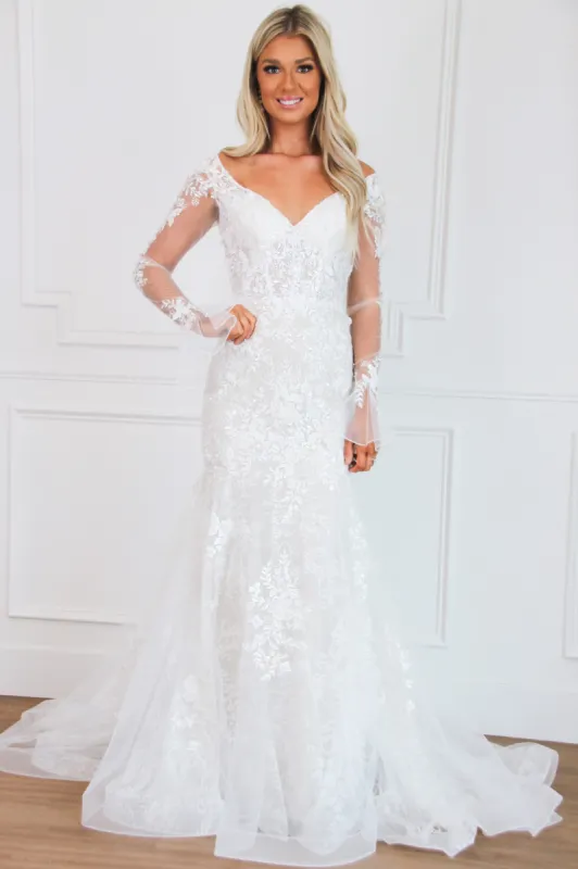 Giselle Floral Applique Long Sleeve Wedding Dress: Off White/Nude sold by Bella and Bloom