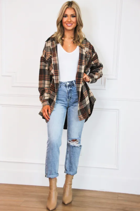 Look Within Oversized Plaid Shacket: Chocolate/Rust sold by Bella and Bloom