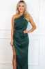 Simply Stated One Shoulder Satin Maxi Dress: Emerald sold by Bella and Bloom