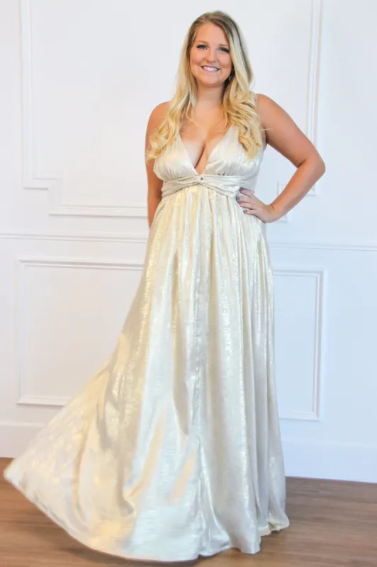 Shining Love Maxi Dress: Ivory/Gold sold by Bella and Bloom