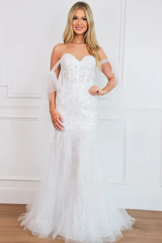 Naomi Off Shoulder Bow Lace Bustier Mermaid Wedding Dress: Off White sold by Bella and Bloom