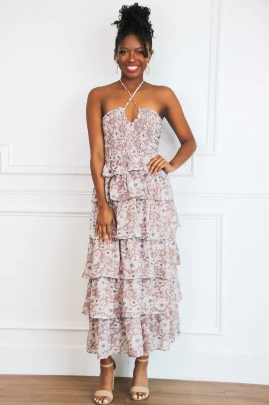 Longing Stares Floral Tiered Maxi Dress: Mauve Multi sold by Bella and Bloom