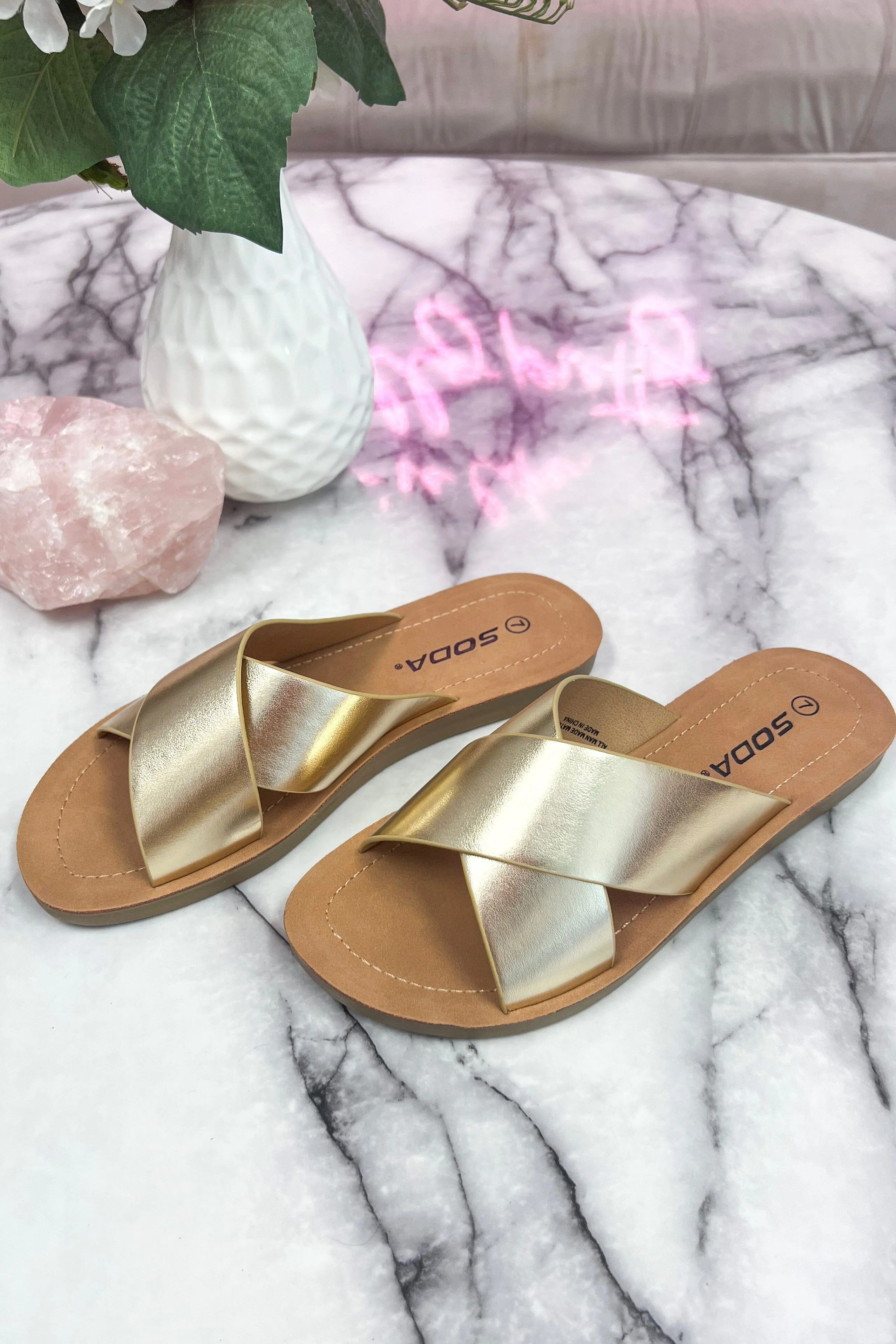 Cross My Heart Sandals: Gold sold by Bella and Bloom